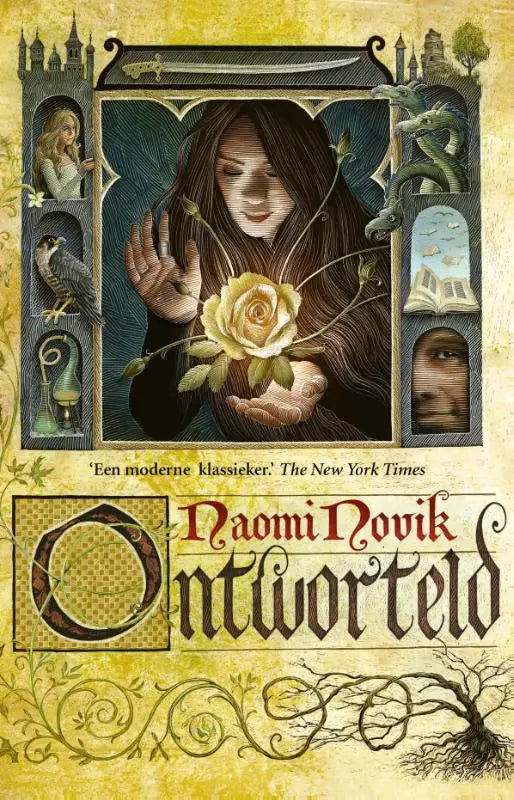 De boekcover van ontworteld toont een vrouw met donkere haren en een gele roos omringd door gotische motieven en symboliek naomi novik