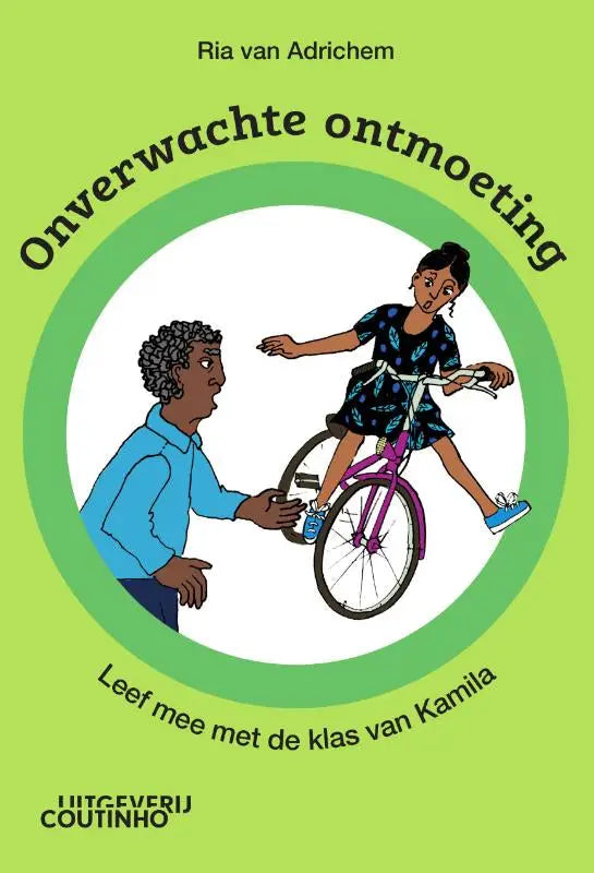 Een levendige paarse fiets met zwarte handgrepen en zadel, bereden door een meisje in een donkerblauwe jurk, leef mee met onverwachte ontmoeting