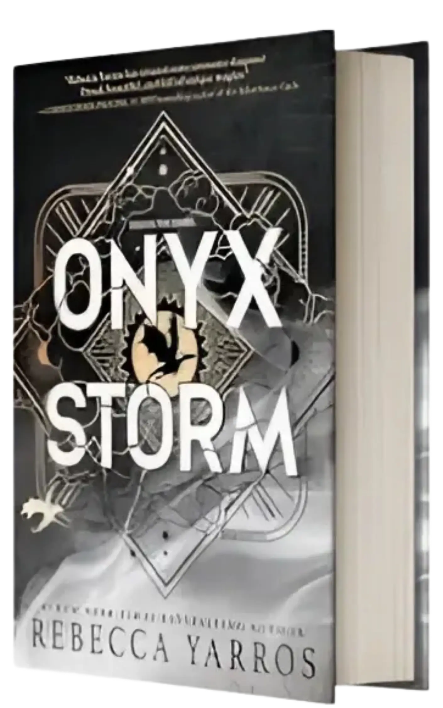 Zwart hardcover boek onyx storm van rebecca yarros met zilveren geometrisch ontwerp en opvallende titel, vierde vleugel thema