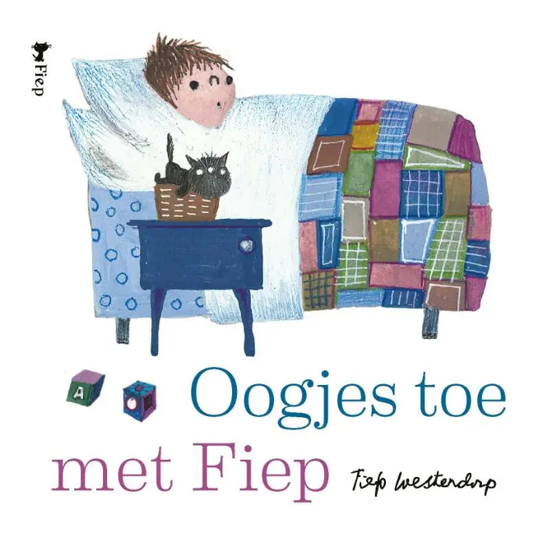 Kleurige patchwork quilt oogjes toe met fiep met blauwe groene roze en bruine patronen voor jonge lezers