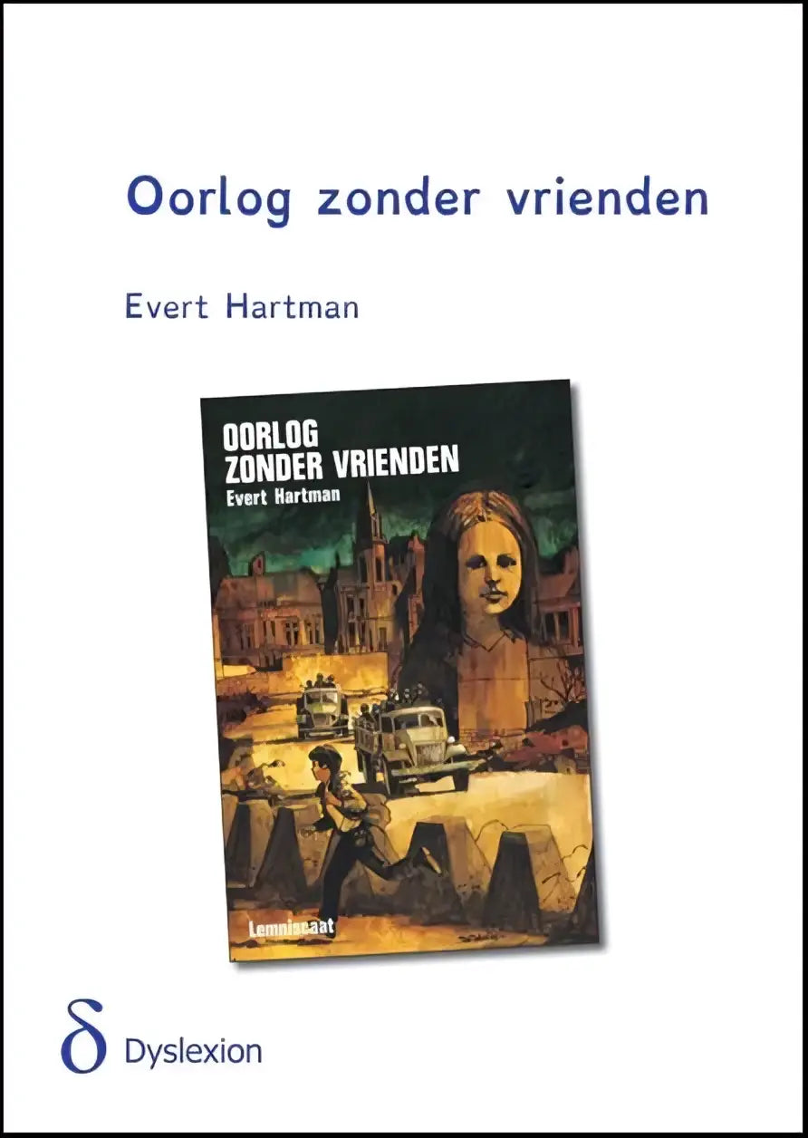 Boek omslag oorlogsverhaal met kind dat rent langs vintage auto’s voor een oud gebouw in gedempte aardetinten