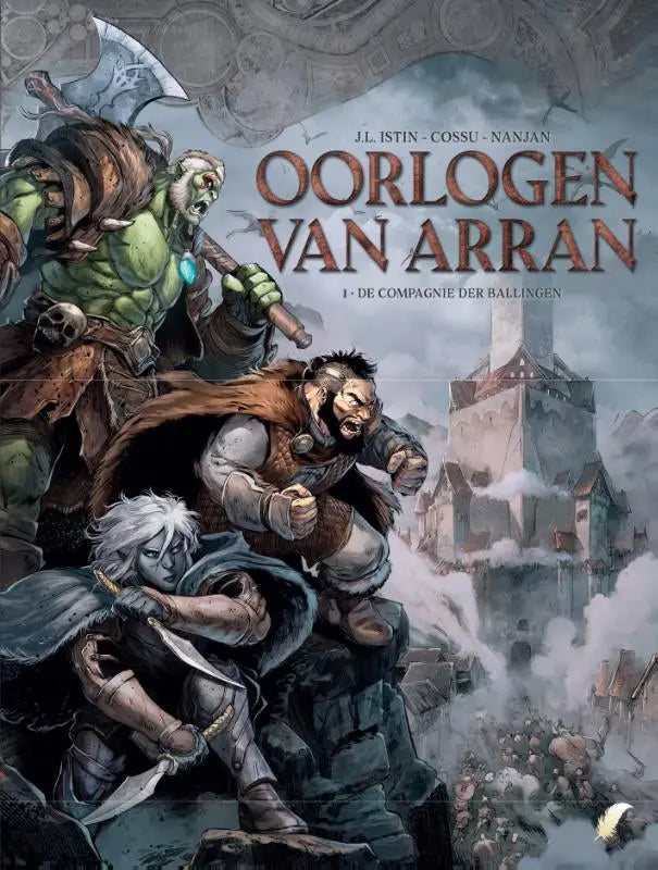 De cover van het comic book jaar oorlogen van arran toont een orc, een krijger en een wit harig figuur strips algemeen uitgeverij daedalus