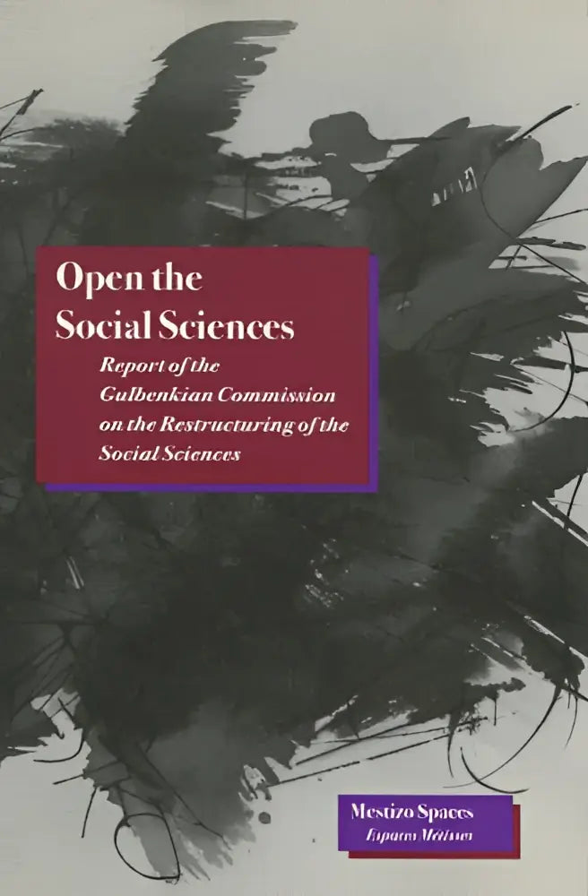 De boekcover van open the social sciences toont een rood label met witte tekst tegen een zwart-wit inktvlekachtergrond