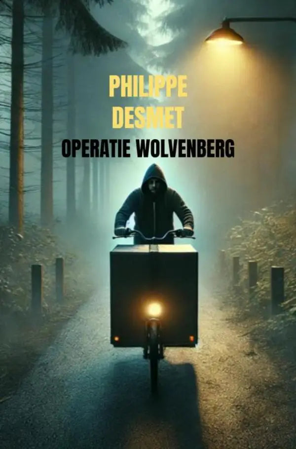 Een donkere met hoodie beklede figuur rijdt een zwarte bezorgdriewieler met hoofdlicht onder een mistige straatlantaarn in operatie wolvenberg