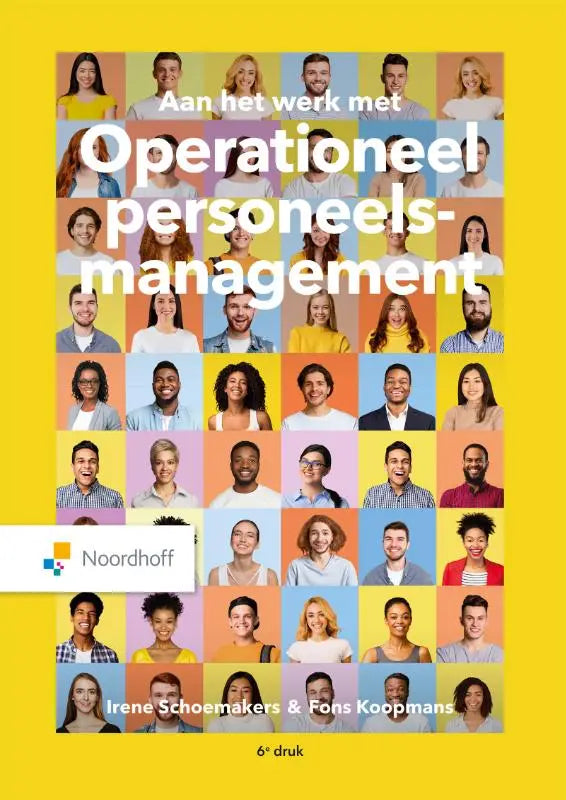 Gele boekomslag met diverse glimlachende gezichten en de titel operationeel personeelsmanagement door irene schoemakers en fons koopmans