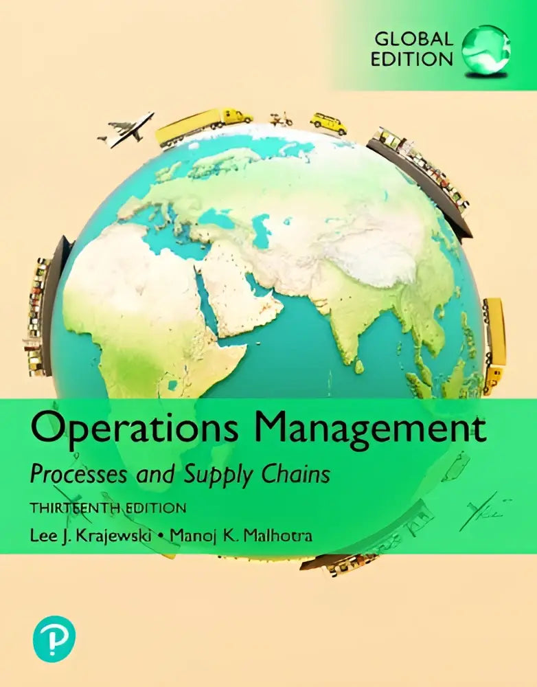 De boekcover van operations management toont een blauwgroene globe omringd door illustraties van vliegtuigen, vrachtwagens en schepen