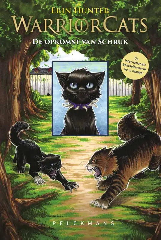 Illustratieboekcover de opkomst van schruk met zwarte kat scherpe blauwe ogen en paarse halsband voor jonge lezers