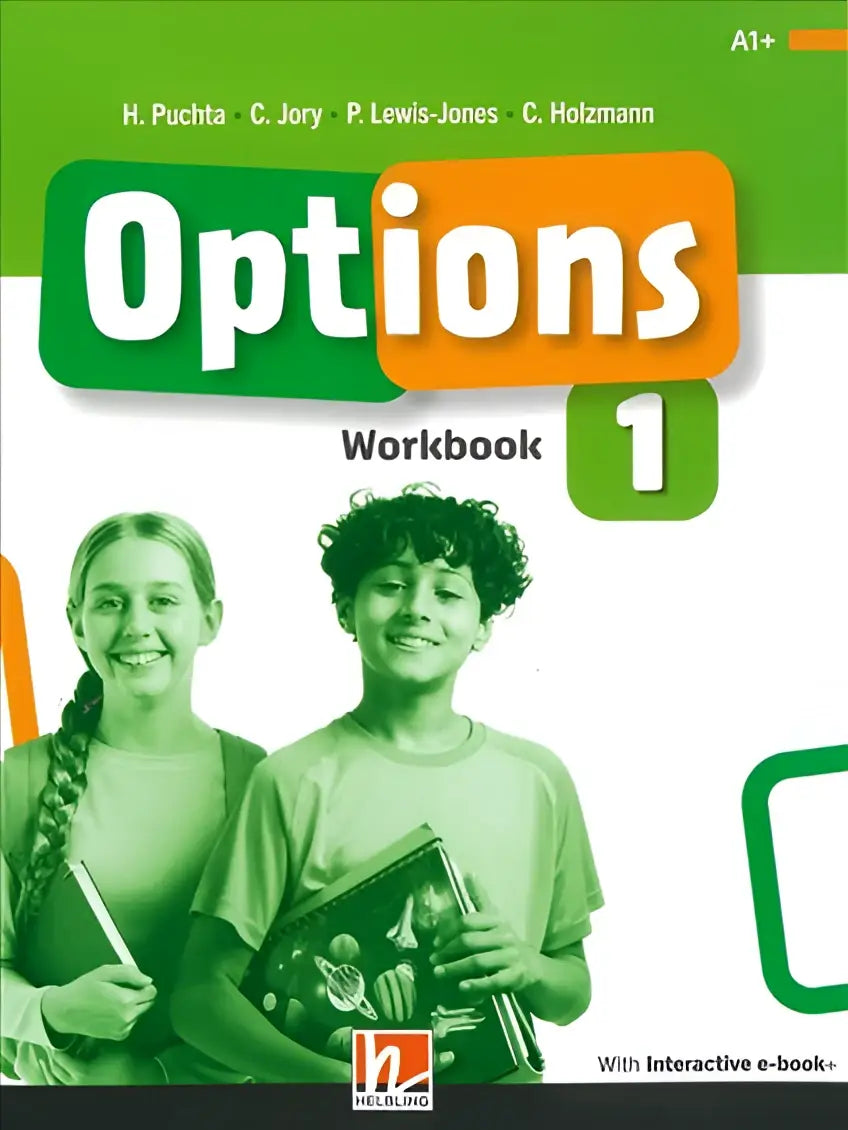 Groen-oranje Opties 1-werkboek met twee lachende kinderen op cover