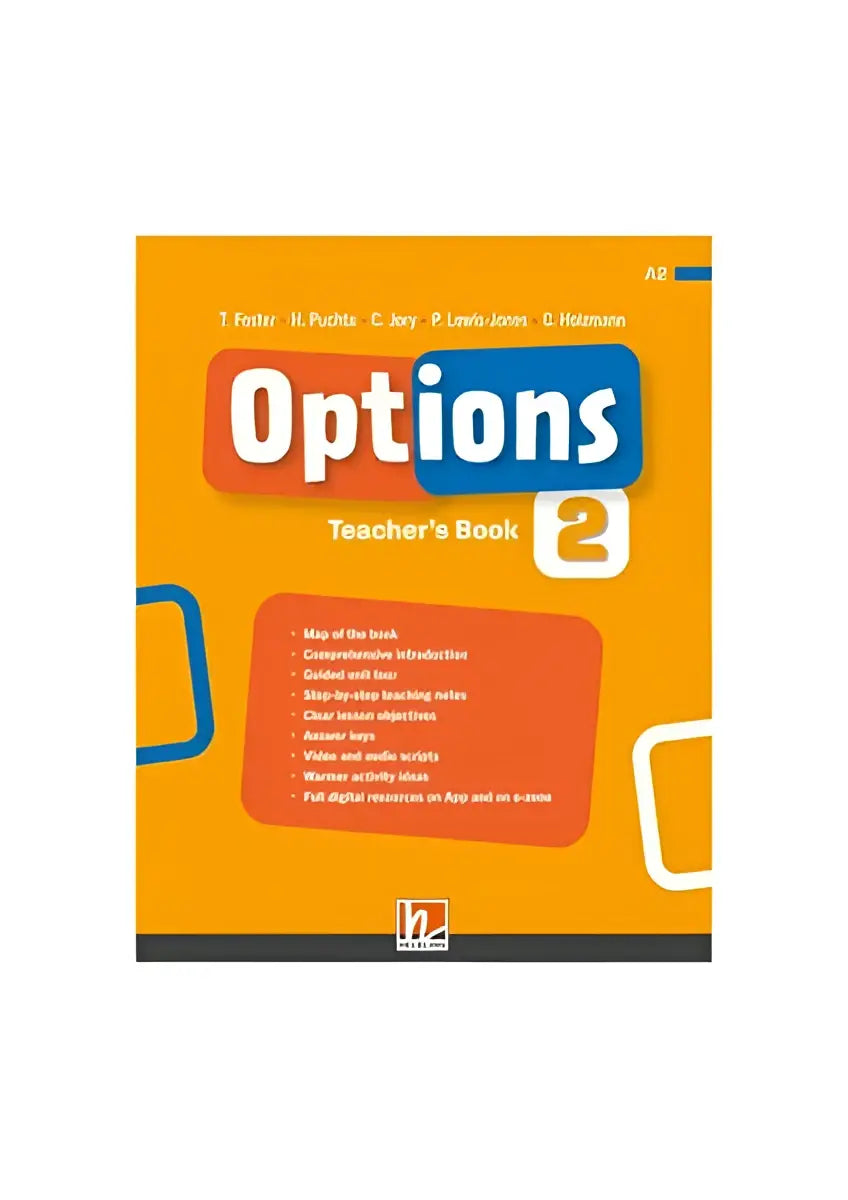 Achterkant Options 2 Teacher’s Book met oranje cover, blauwe titel en inhoudsopgave