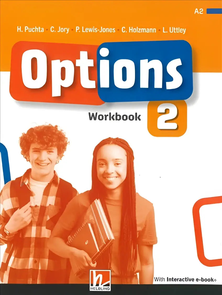 Opties 2 werkboek omslag met oranje-blauw en twee lachende studenten
