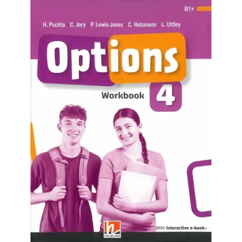 Omslag Options 4-werkboek met paarse en oranje kleuren en twee lachende studenten