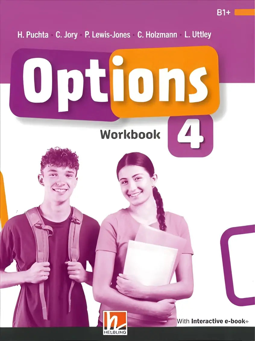 Omslag Options 4-werkboek met paarse en oranje kleuren en twee lachende studenten