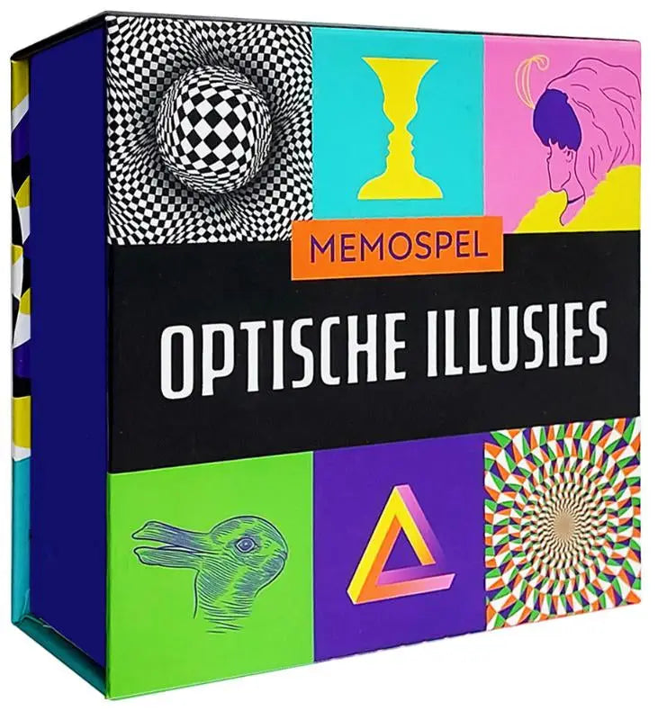 Vibrante meerkleurige doos met optische illusies ontwerpen en memospel optische illusies branding deltas chantecler
