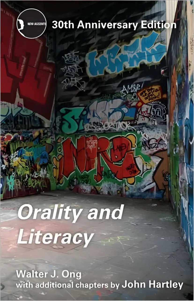 De boekcover van orality and literacy 30th anniversary edition toont een levendige graffiti-alley met rode en blauwe tags