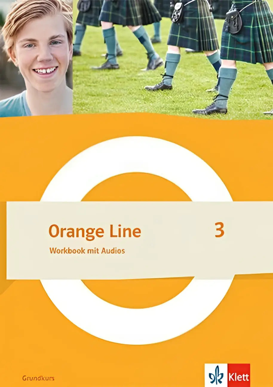 Orange line 3 grundkurs workbook mit audios klasse 7 met felle oranje omslag en wit cirkelontwerp