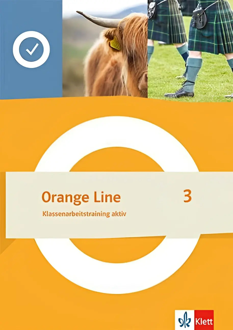 Cover van het orange line 3 klett werkboek met highland koe en mensen in kilts voor aktiv klasse 7 training