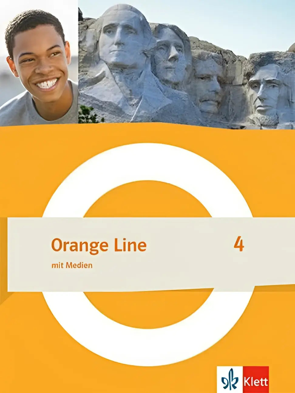 Oranje line 4 schulbuch mit medien fester einband in fel oranje met lachende jonge man en mount rushmore afbeelding