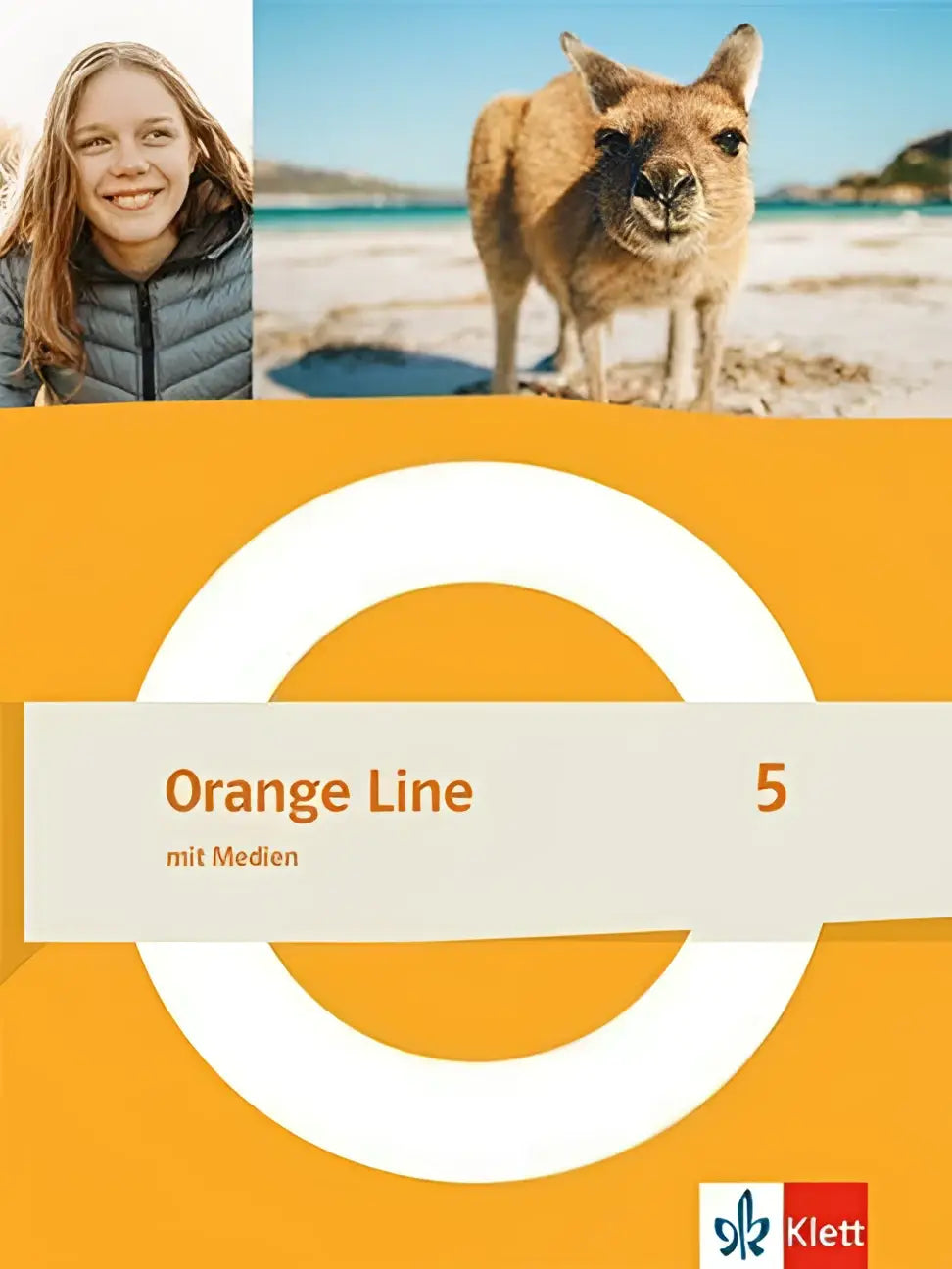 Oranje line 5 schulbuch mit medien met harde kaft en oranje omslag met witte cirkel, meisje en kangoeroe voor klas 9