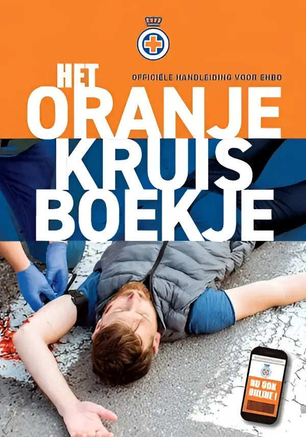 Het oranje kruisboekje ehb0 in officiële oranje kleur met witte tekst naast smartphone met online versie