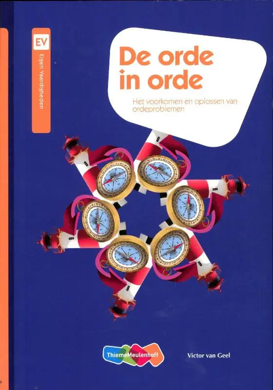 Blauwe boekcover met zes rode en witte kompassen in cirkelpatroon voor de orde in orde gids