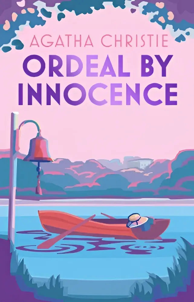 The book cover of ordeal by innocence by agatha christie features a red boat on blue water under a pink sky from harpercollins publishers