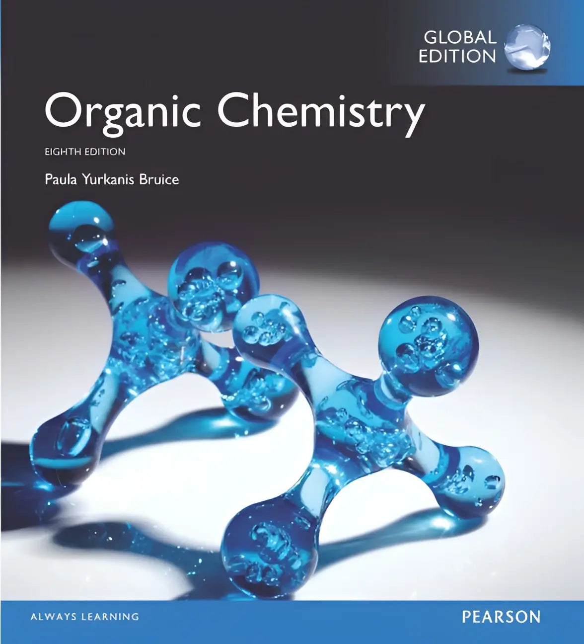 Blauw doorschijnend moleculair model speelgoed op de kaft van organic chemistry global edition met mastering chemistry with pearson