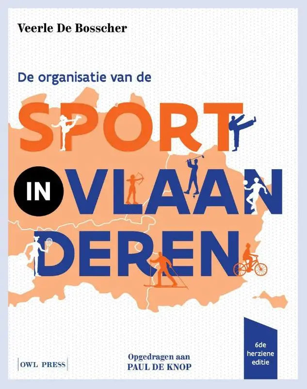 Boekcover van De organisatie van de sport in Vlaanderen met oranje en blauwe typografie en atleet-silhouetten