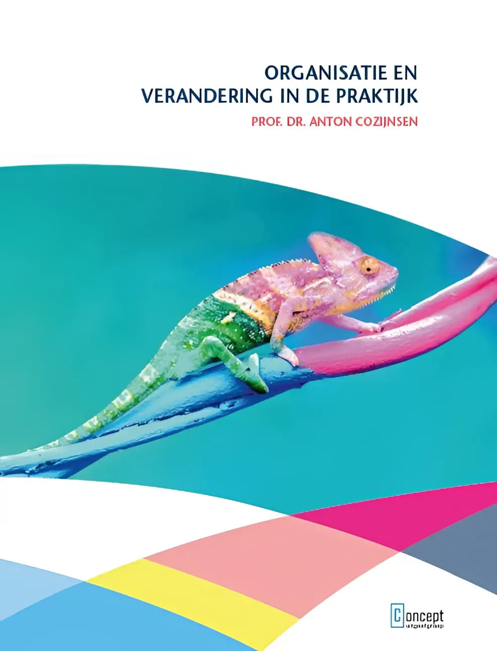 Een levendige meerkleurige kameleon met roze en groene schubben op een glanzend oppervlak voor anton cozijnsen management algemeen concept uitgeefgroep