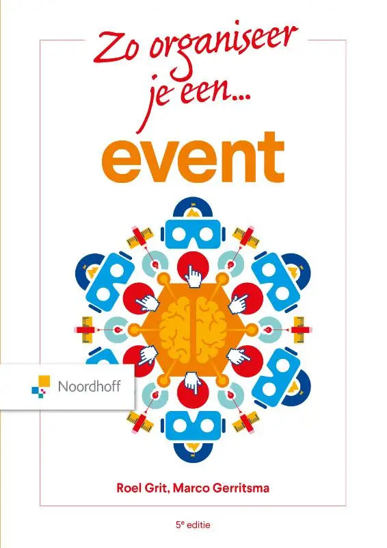Illustratie van oranje en rood boekenkaft met centrale hersenen omringd door vr-brillen handen en iconen voor zo organiseer je een event