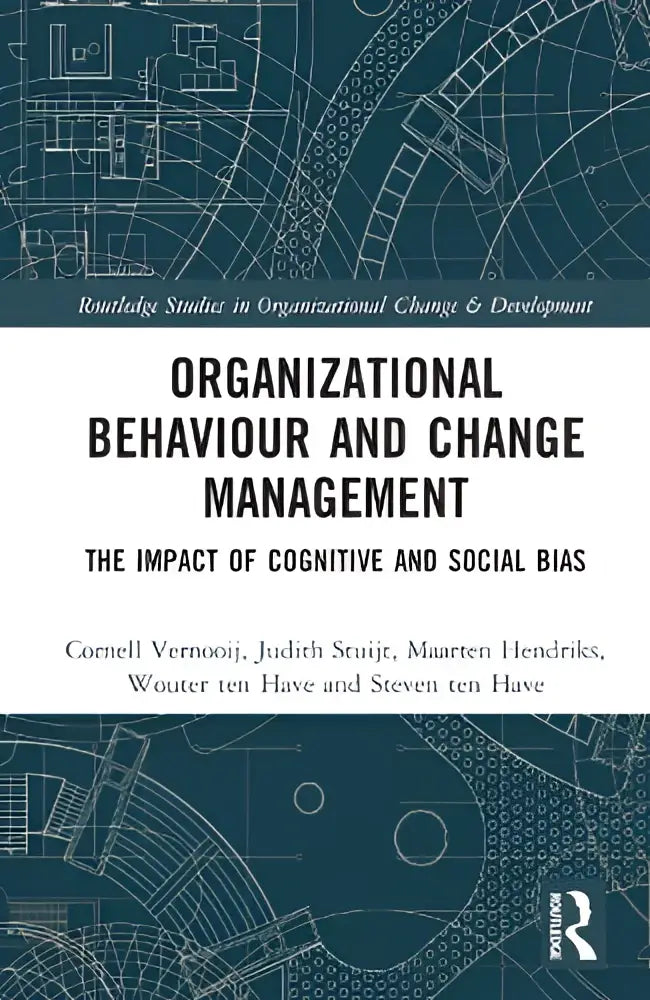 Blauwe technische blueprint-achtige omslag van het boek organizational behaviour and change management over the impact van cognitieve en sociale bias