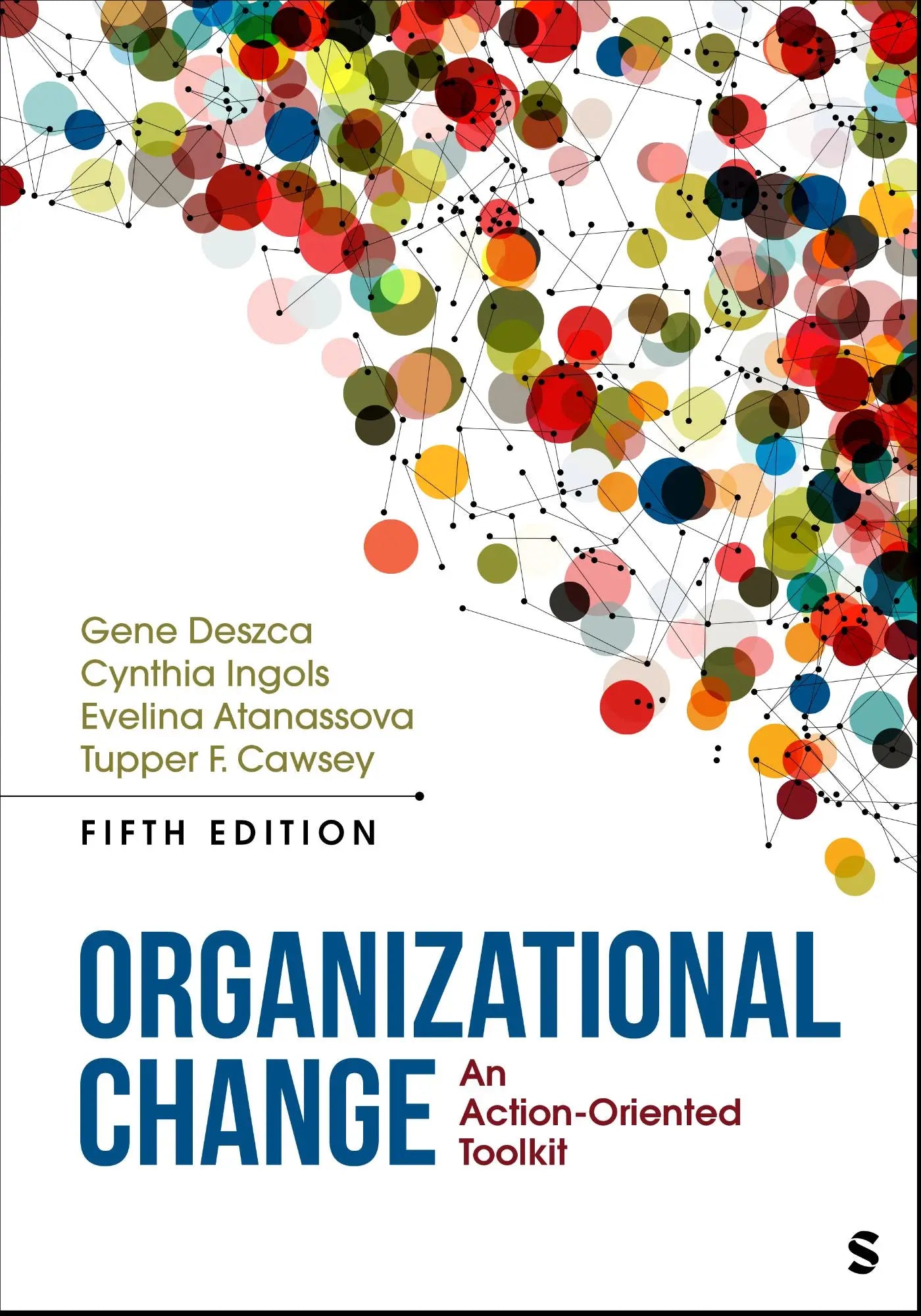 De boekcover van organizational change een action-oriented toolkit door gene deszca toont een kleurrijk abstract ontwerp met verbonden cirkels op witte achtergrond