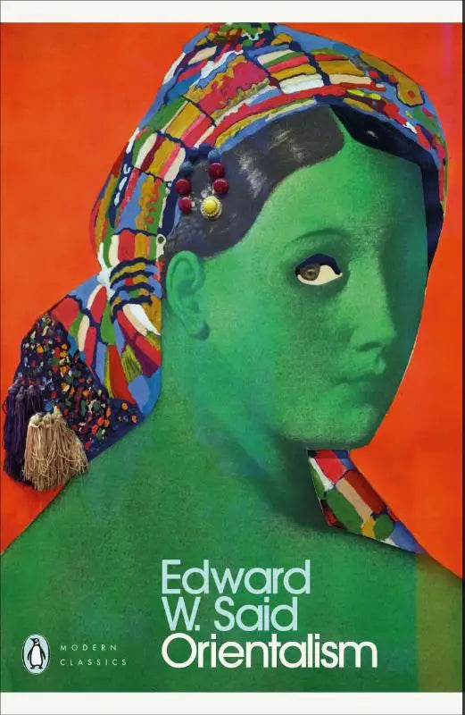 Green-skinned woman wearing a colorful patterned headscarf with beads and tassels surveys the history and nature of orientalism