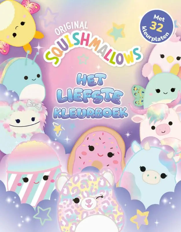 Kleurboek cover van original squishmallows kleurboek met kleurrijke pastel pluche personages voor het liefste kleurboek