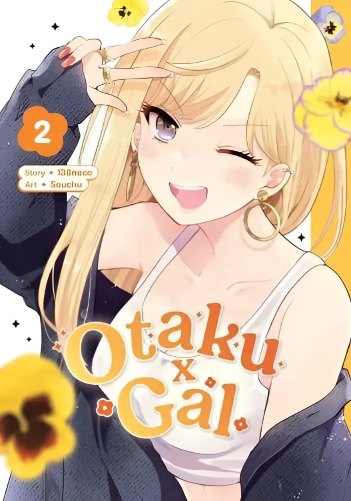 De cover van manga otaku x gal volume 2 toont een blonde anime meisje met grote oorbellen en gele bloemen, square enix