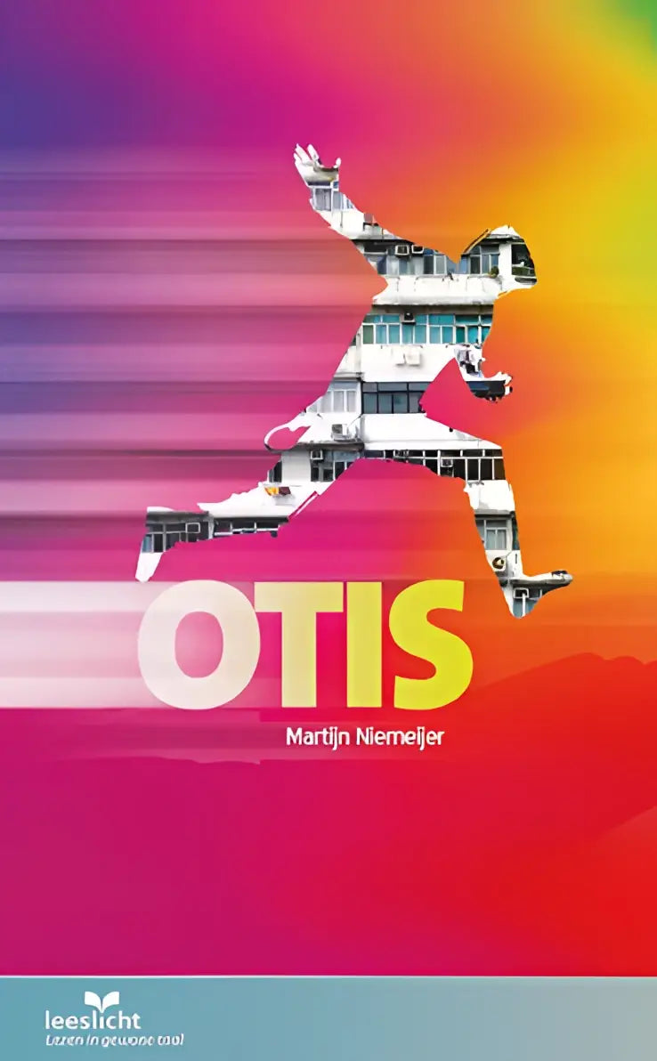 De voorkant van het product otis toont een witte gebouwsilhouet tegen een levendige roze oranje gele achtergrond
