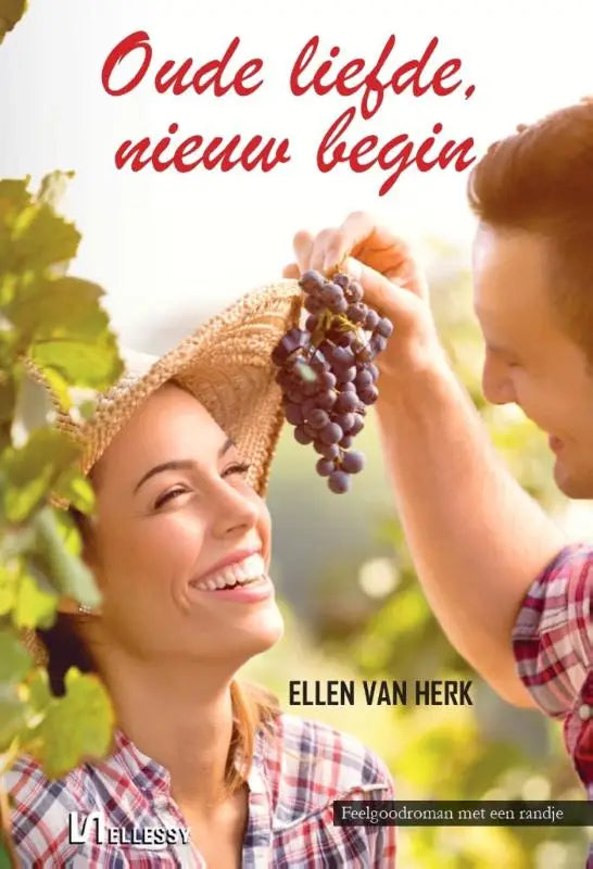 Vrouw met strohoed en geruit overhemd kijkt lachend naar man met donkere druiven oude liefde nieuw begin