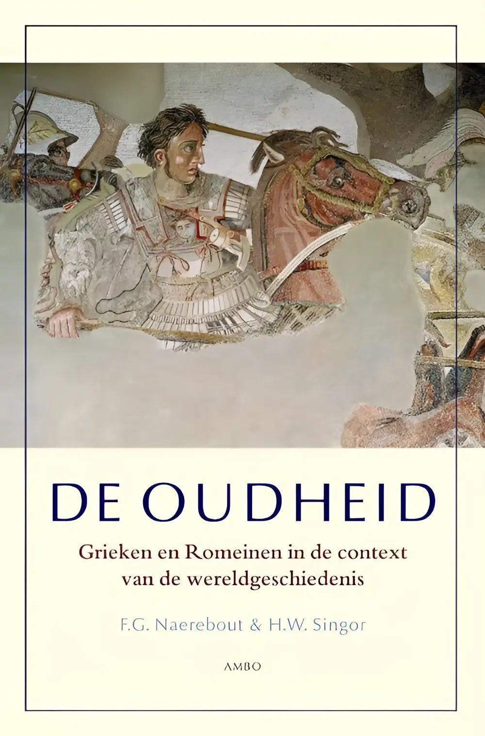 Boekcover van de oudheid met een klassieke mozaïek van een romeinse soldaat te paard op verweerde stenen achtergrond