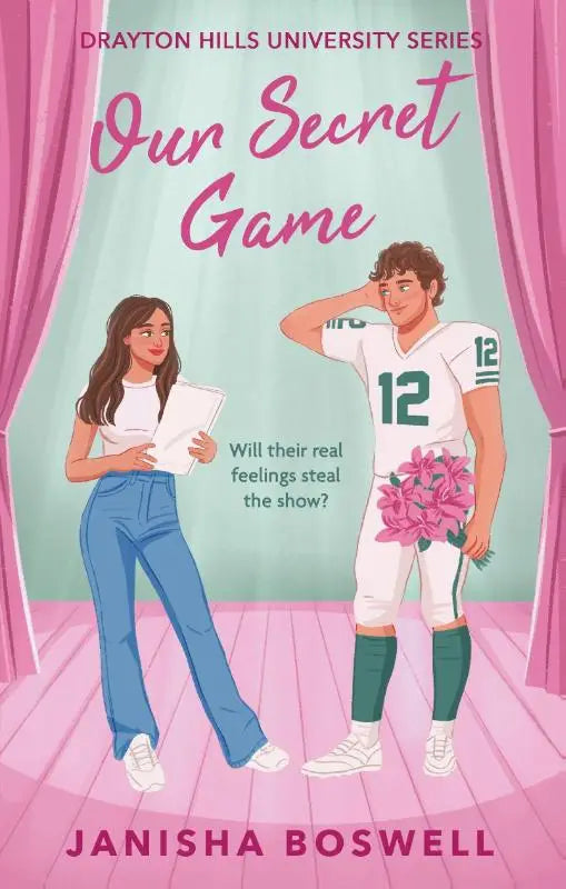 Illustrated boekomslag in roze en turquoise voor our secret game met twee personages op een podium, perfect voor fans