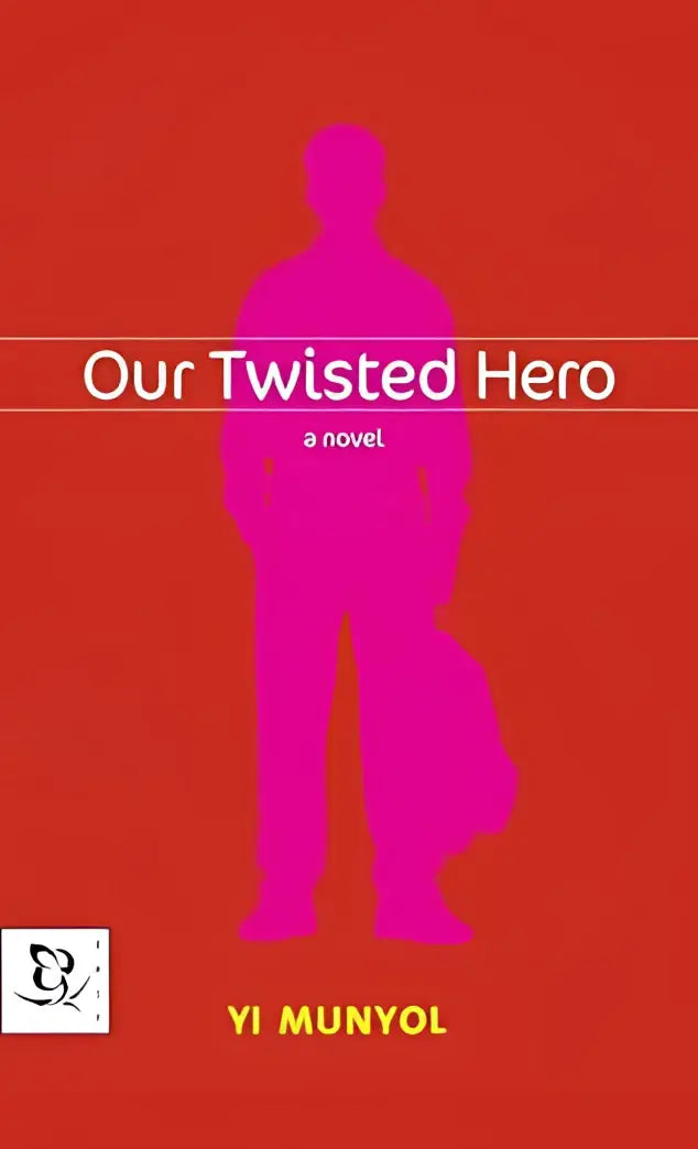 Een levendig rood boekomslag met een magenta silhouet en de titel our twisted hero van yi munyol in wit gedrukt