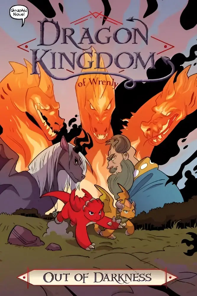 Cover van dragon kingdom of wrenly out of darkness graphic novel met vurige draken en avontuurlijke personages voor jonge lezers