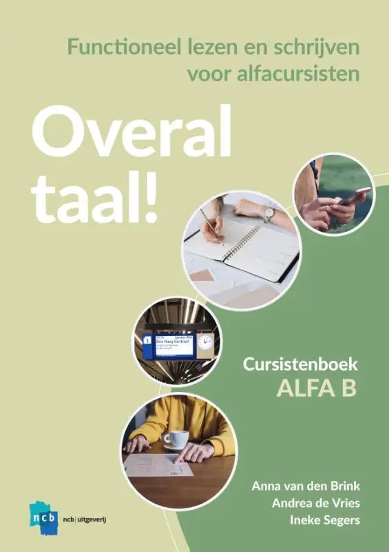 De cover van het overal taal! courseboek voor alfa b met een zachte groene achtergrond en functioneel lezen tekst
