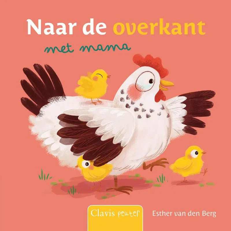Een charmant geïllustreerd kinderboek voor jonge lezers met een witte en bruine hen en drie gele kuikens op een koraalrode achtergrond