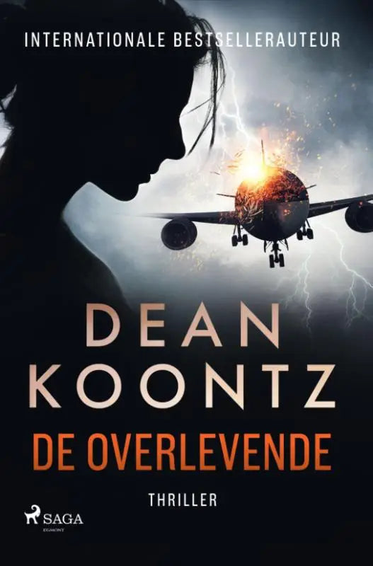 De cover van de thriller de overlevende van dean koontz toont een dramatisch silhouet met een vliegtuig in een explosie