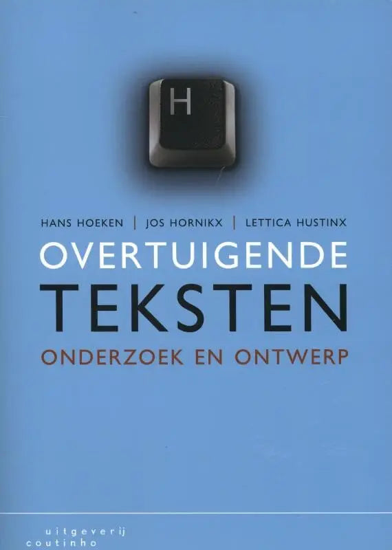 Zwarte toets met zilveren h-letter van Overtuigende teksten op lichtblauwe achtergrond