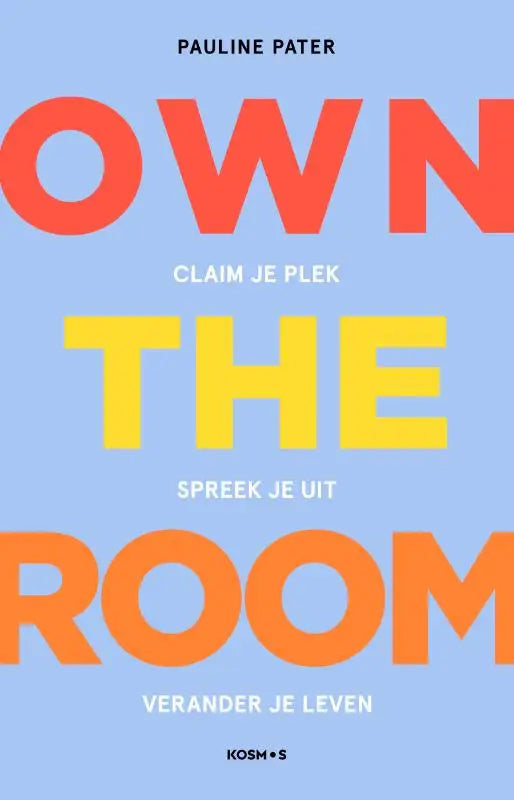 De boekcover van own the room toont grote oranje en gele typografie tegen een lichtblauwe achtergrond
