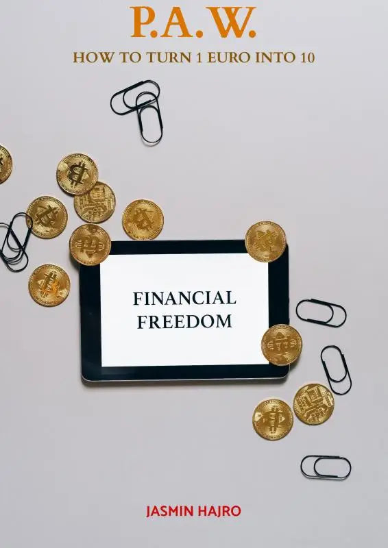 Zwartgeramd tablet toont financial freedom omringd door gouden bitcoinmunten in p.a.w. hoe euro in tien te veranderen