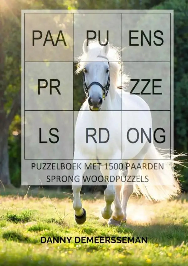 Een wit paard met een vloeiende manen en zwarte hoofdstel in een zonovergoten veld bij paardensprong puzzels boek