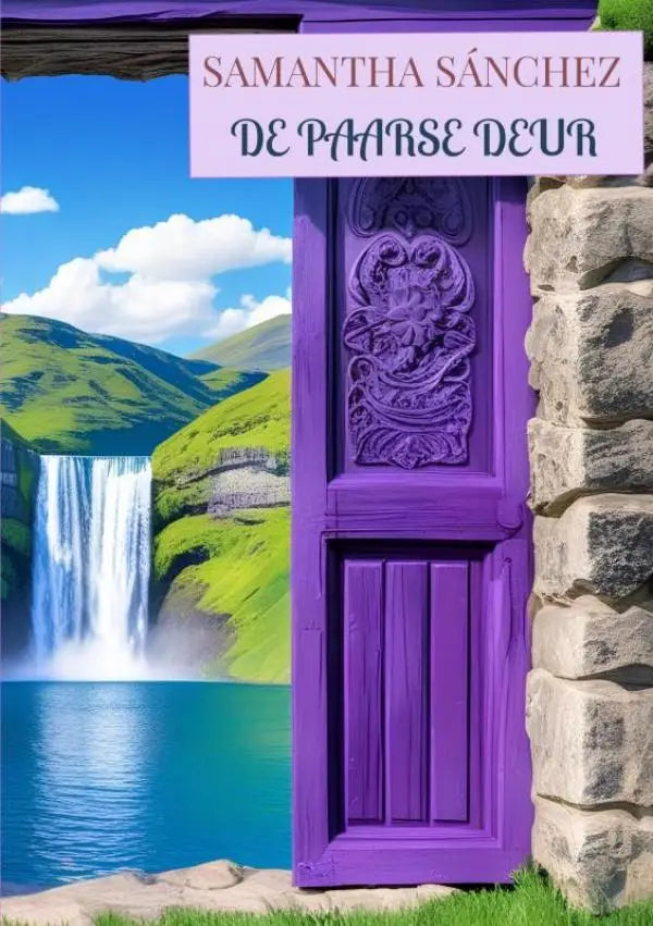 Een levendige paarse houten deur met gravures in een stone muur leidt naar een waterval voor een young adult fantasy boek