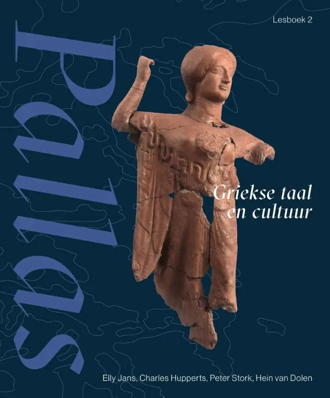 Terracotta kleurige oude griekse standbeeld van een gewaadfiguur met een opgeheven arm voor pallas griekse taal en cultuur