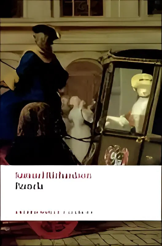 The book cover of pamela or virtue rewarded shows a woman in dark blue attire by an ornate carriage with kamal nishan title